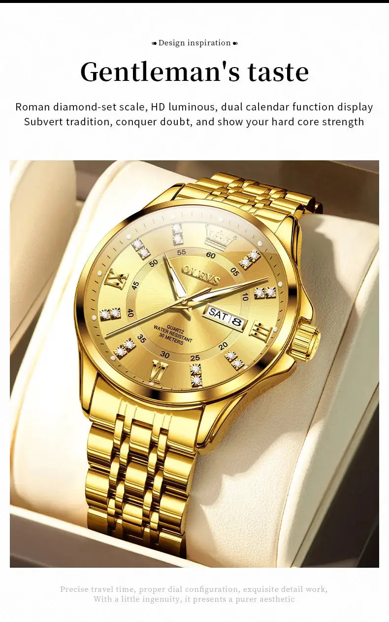 OLEVS gold luxury men's stainless steel quartz watch with day/date calendar.