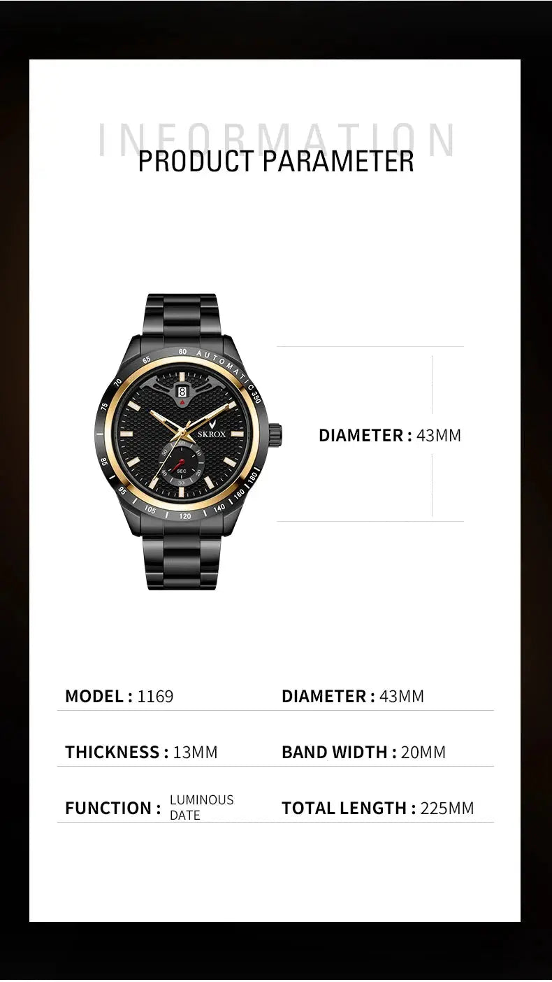 SKROX luxury sapphire stainless steel automatic men's wristwatch by Simples Market, black band