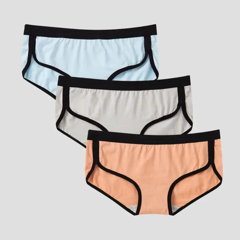 BANNIROU 3Pcs women's cotton low-rise briefs by Simples Market in blue, gray, and peach.