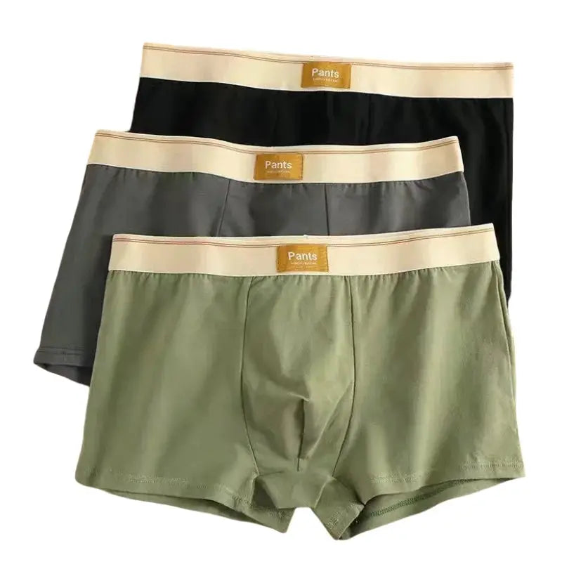 Men's 3-pack breathable cotton boxer shorts in black, gray, and olive green