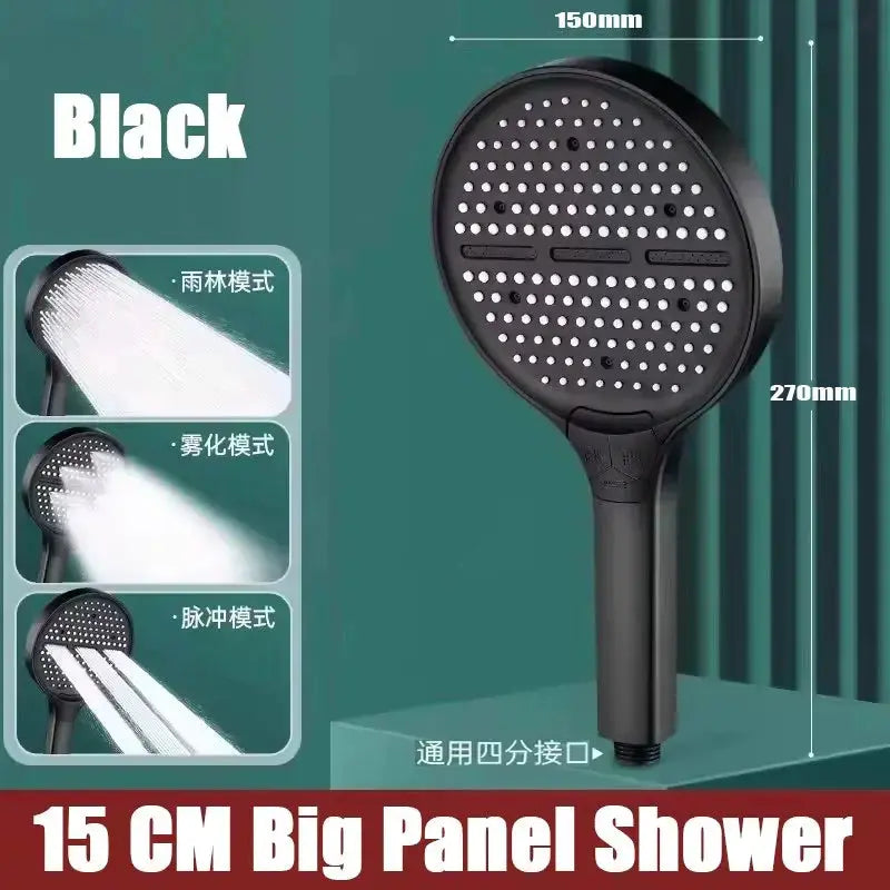 Simples Market Black 15 cm panel shower head with four spray modes for high pressure large flow.