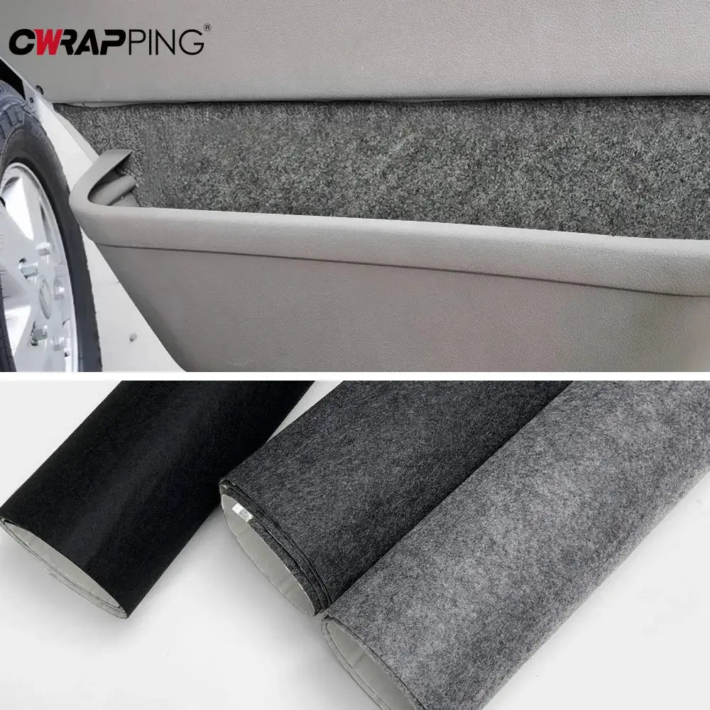Car lining carpet felt cloth by Simples Market; self-adhesive non-woven, resistant three-roll pack in black gray.