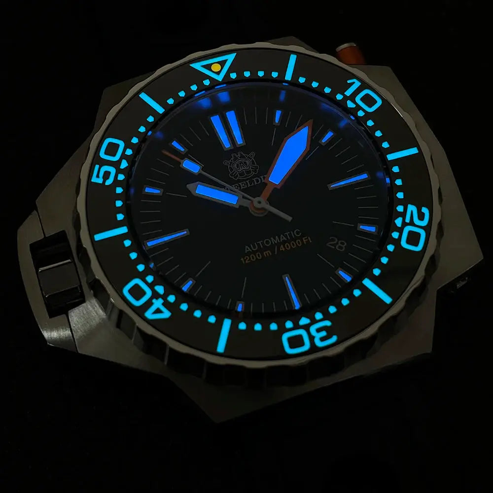 Steeldive Proplof SD1969 V3 automatic dive watch with blue lume bezel and hands, 56mm oversize, 1200m water resistant