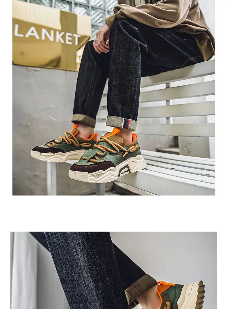New men's casual sneakers pair in green, beige and orange with a chunky sole