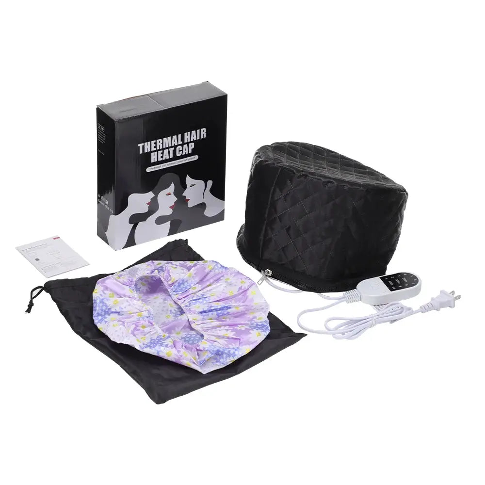 Simples Market 10-level electric hair heating cap set; black quilted cap with purple floral inner cap and controller