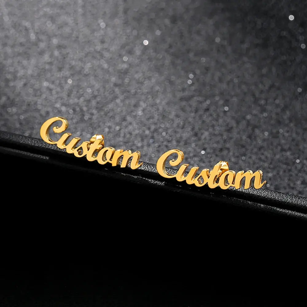 Custom name stud earrings, gold-tone script, 2-piece set
