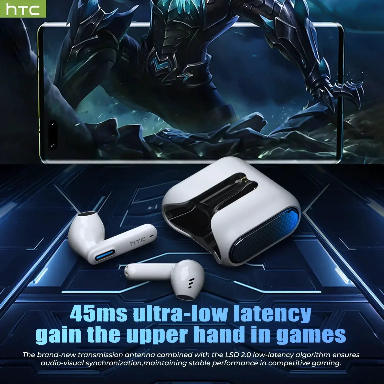 HTC NE49 Bluetooth TWS earphones in white with charging case, wireless sports earbuds
