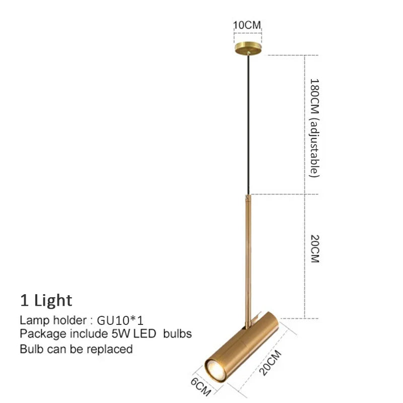 Minimalist LED hanging pendant light, gold cylindrical lamp head with black cord, adjustable 180 cm, by Simples Market