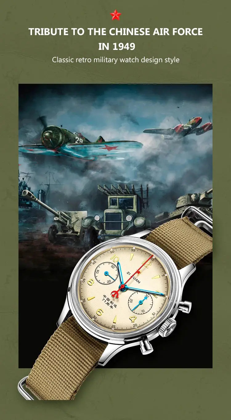 Red Star 38mm men's pilot chronograph watch with Seagull ST1901 movement, beige dial, blue hands, khaki strap