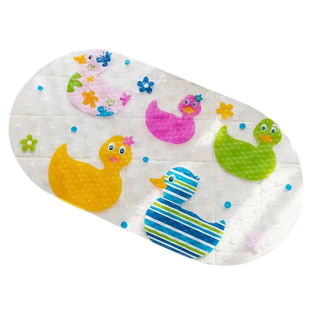 Soft PVC kids bath mat with non-slip suction cups and colorful duck cartoon design