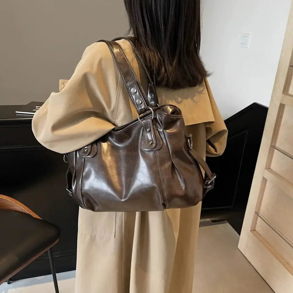 Retro Brand roomy shoulder bag in metallic brown PU leather, large-capacity crossbody tote