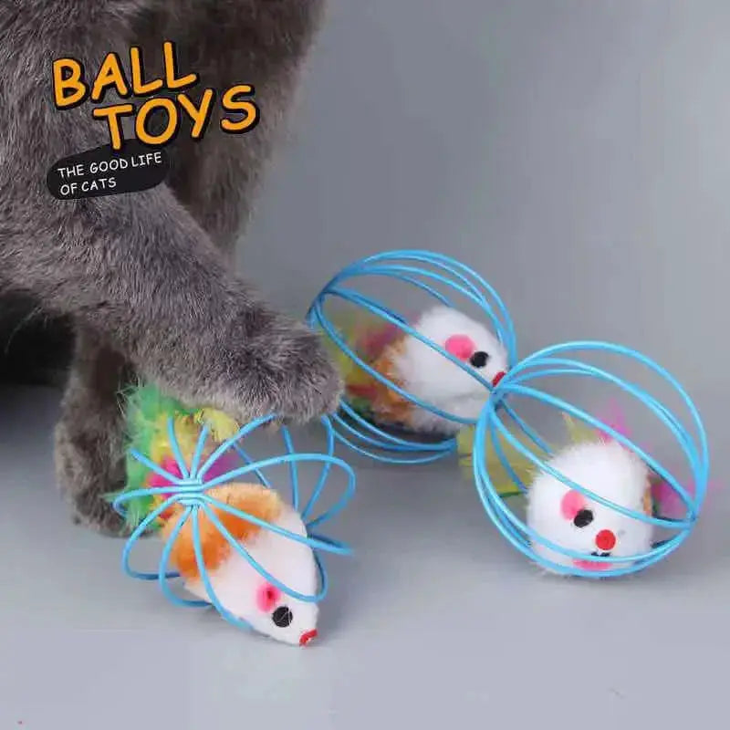 Colorful mouse-in-cage cat toy set, blue wire cages with white plush mice (4-pack) by Simples Market