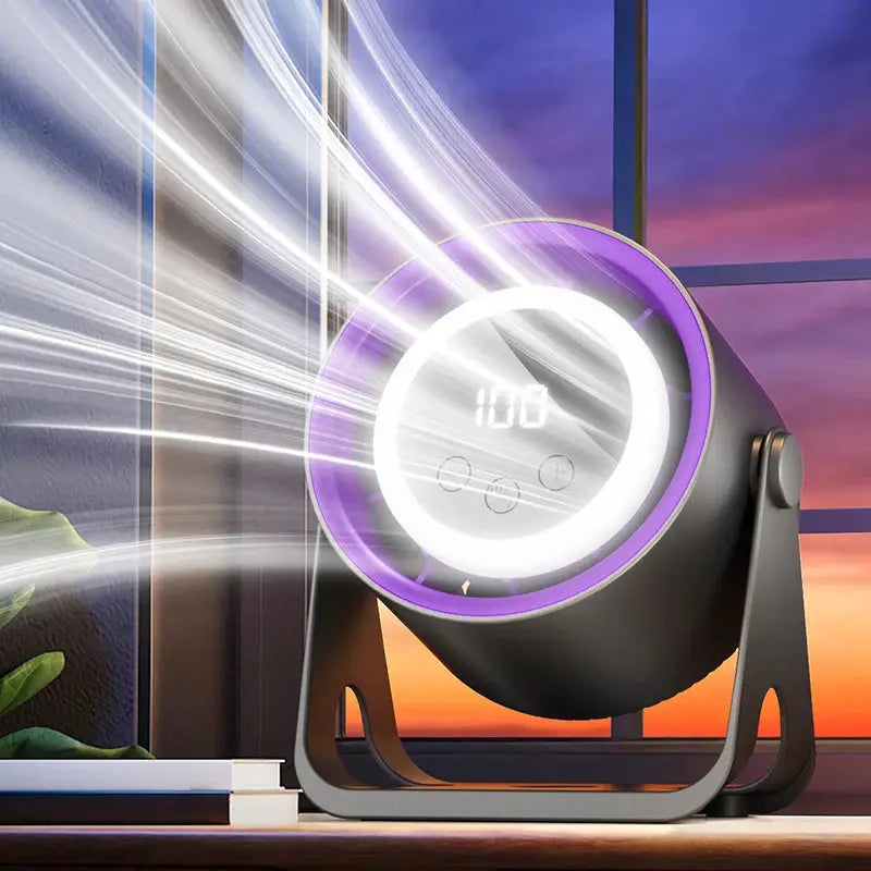 Simples Market bladeless desktop fan with purple ring and ambient light, digital display shows 100 on a stand.