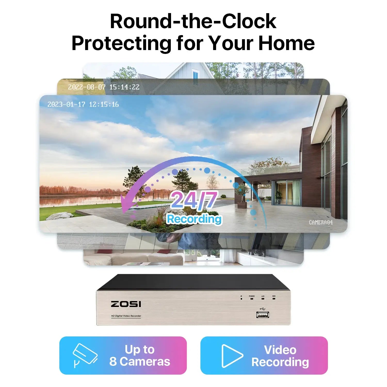 ZOSI 8-channel DVR security system with 2MP cameras; silver recorder, 24/7 recording.