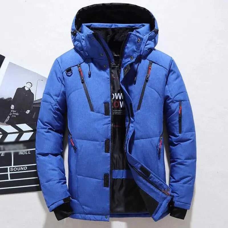 Simples Market men's blue hooded down jacket, oversized puffer with multiple zip pockets.