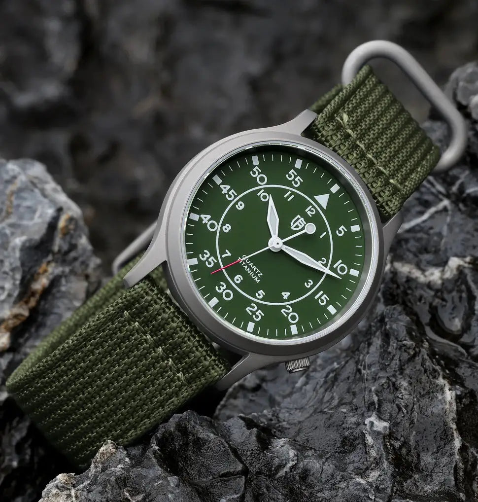 BERNY titanium men's watch with green dial and nylon strap, AR coating, luminous hands, 5ATM waterproof Simples Market