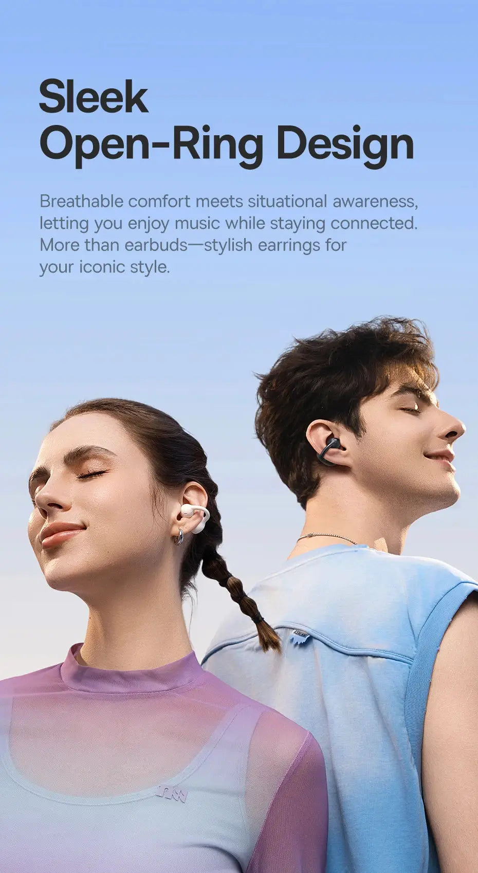 Baseus BC1 open-ear wireless earbuds; white and black clip-ons worn by two models