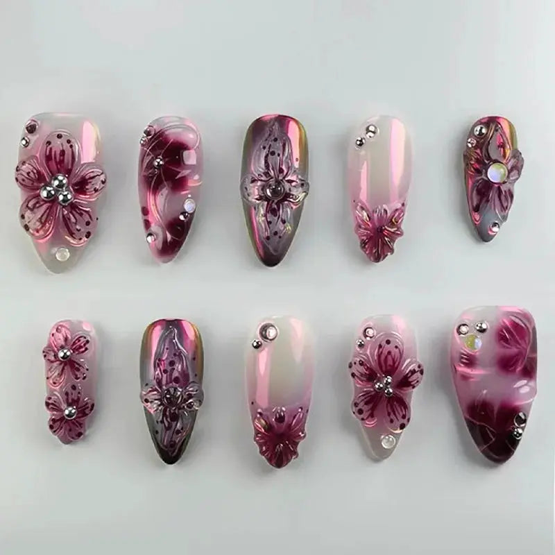 GlamNail Pink Almond Press On Nails Full Coverage Carved Flower 3D Ripple French Tips Golden Pearl Finish