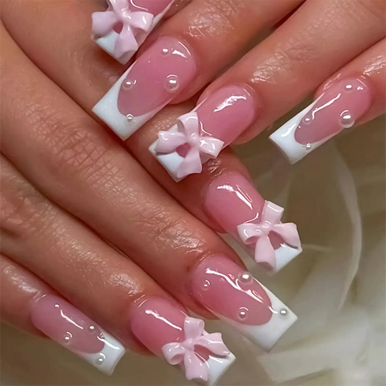 LuxeNail White French Press On Nails 3D Bowknot Full Cover Tips Durable 24Pcs DIY Manicure Set