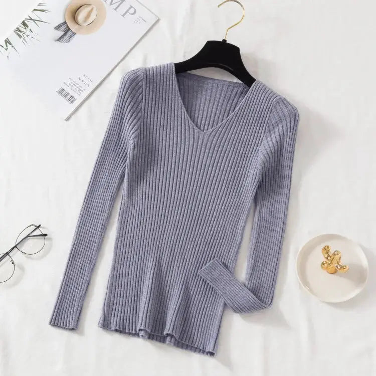 Autumn Winter Womens Knit V Neck Pullover Sweater Casual Long Sleeve Solid Jersey Tops