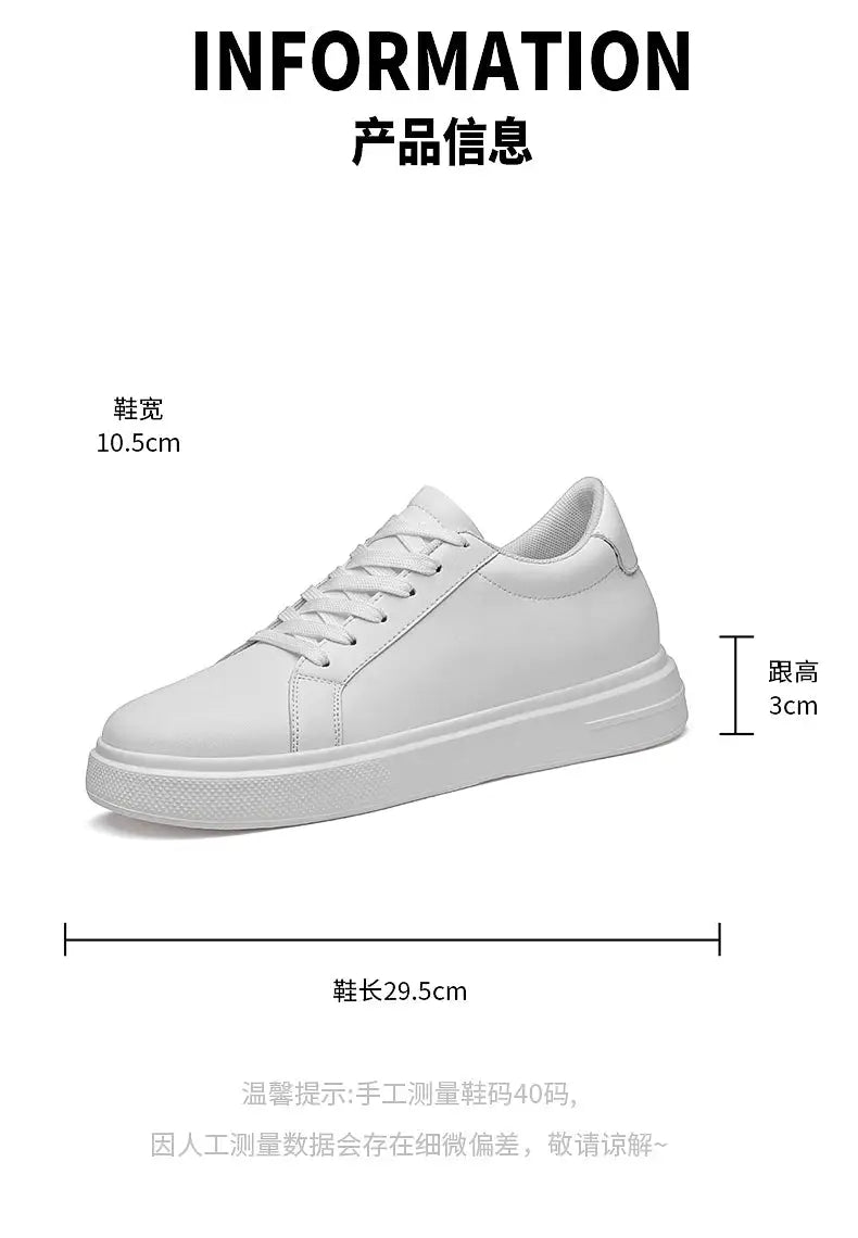 Simples Market men's white leather elevator sneakers with height-increasing insoles (6-10 cm)