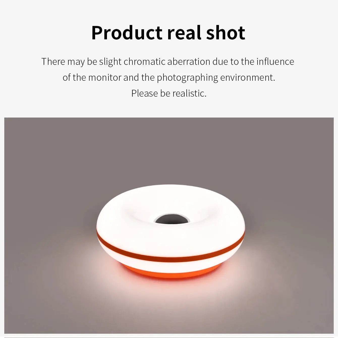 Donut Bauhaus table lamp by Simples Market, white plastic with orange stripe, USB powered ambient light