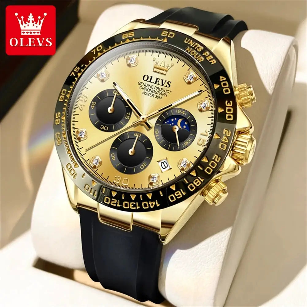 OLEVS 2875 men's luxury quartz chronograph watch with gold-tone case, black silicone strap and moon-phase subdials