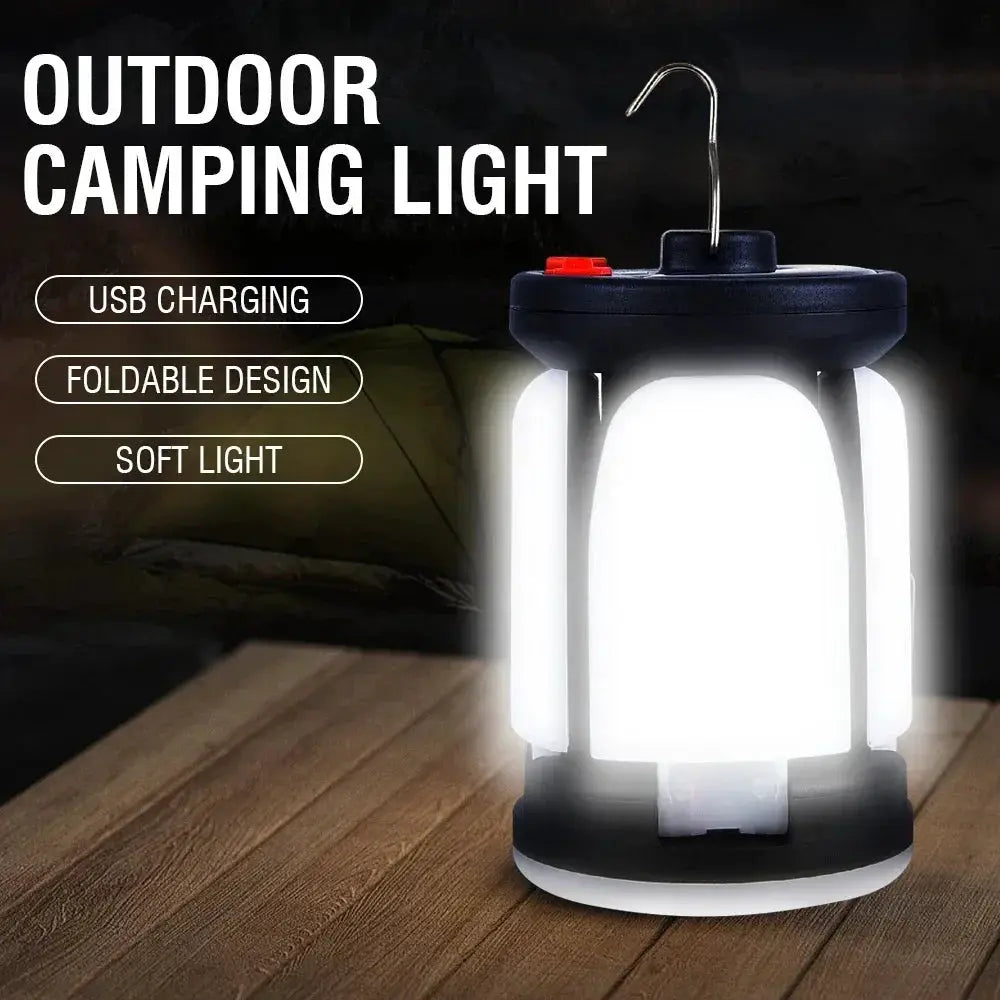 Outdoor camping lantern with USB rechargeable LED light, hook hanger, foldable design
