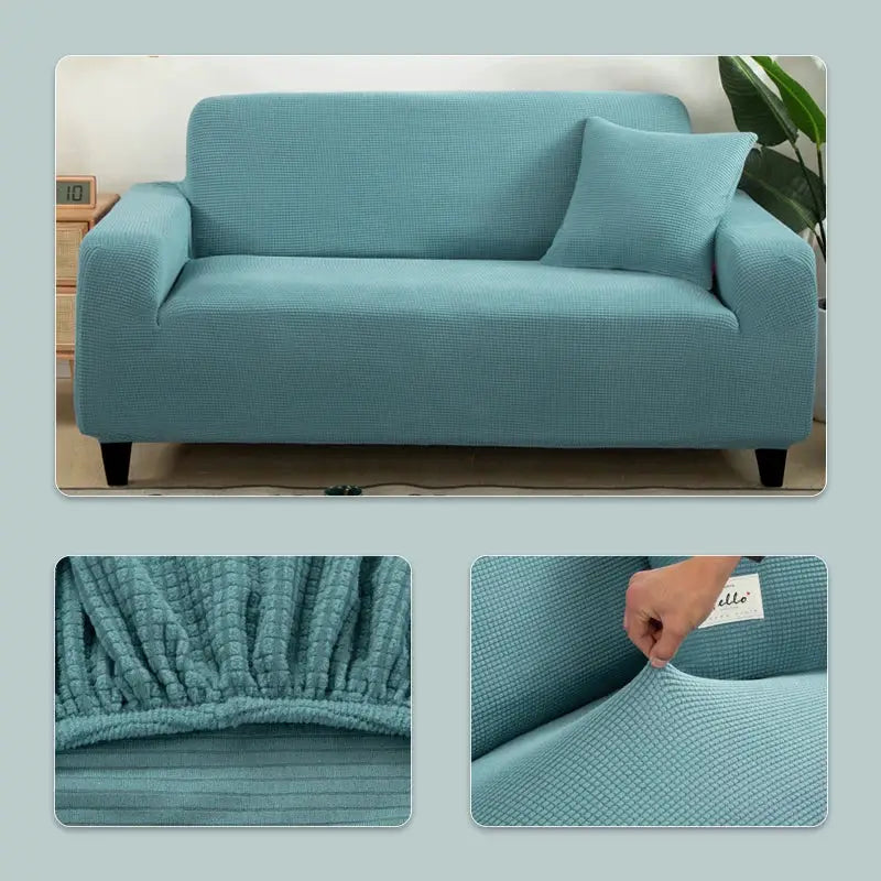 Elastic Jacquard sofa cover by Simples Market in teal blue with elastic edge