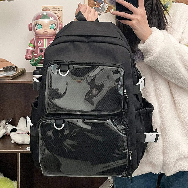 Japanese Style Transparent Ita Bag backpack with clear vinyl front pockets in black, large capacity