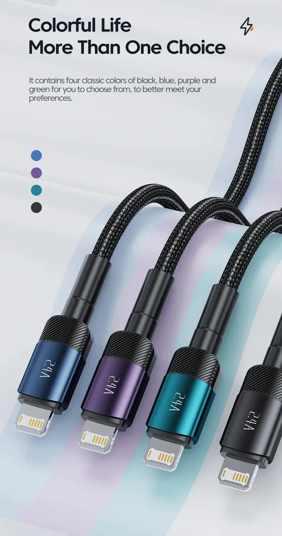 Toocki aluminum braided Lightning cables for iPhone (4-pack) in blue, purple, teal and black
