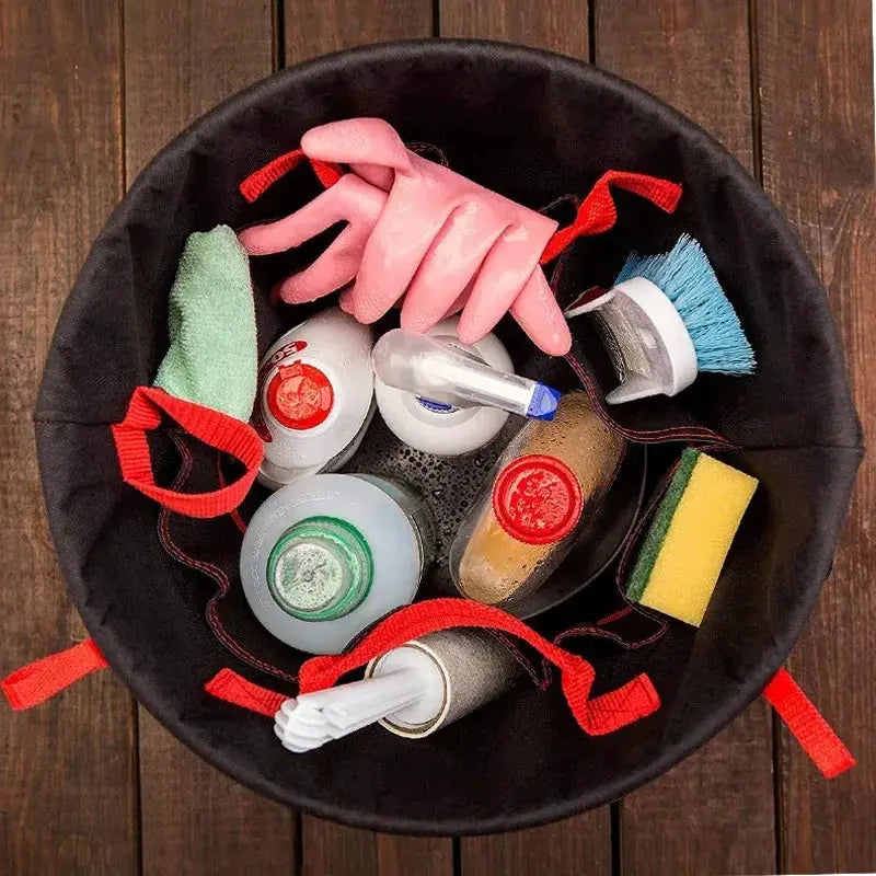 Simples Market Oxford cloth garden bucket kit in a black bucket with red handles, includes gloves, brushes and sponges