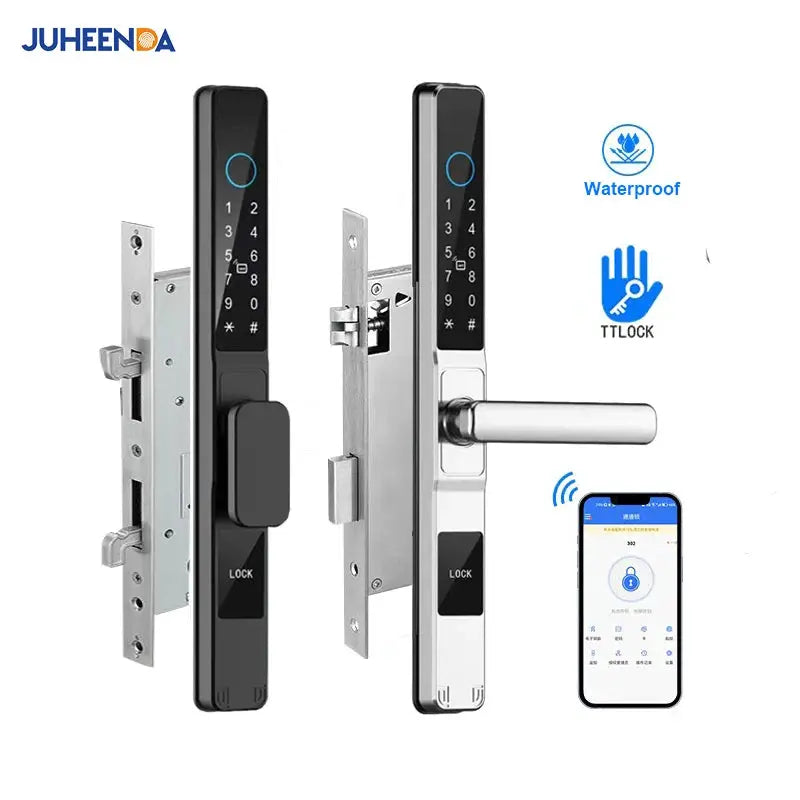 Smart sliding-door lock TTLock; waterproof aluminum with fingerprint keypad, RFID, code, and app control