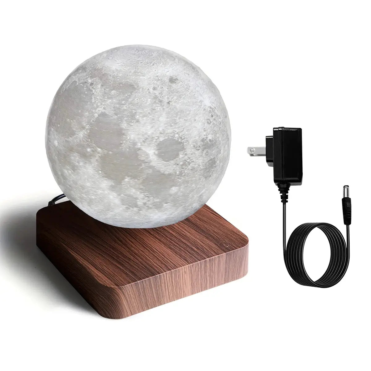 Moon lamp on wooden base with textured grey lunar sphere and 3-color LED lighting.