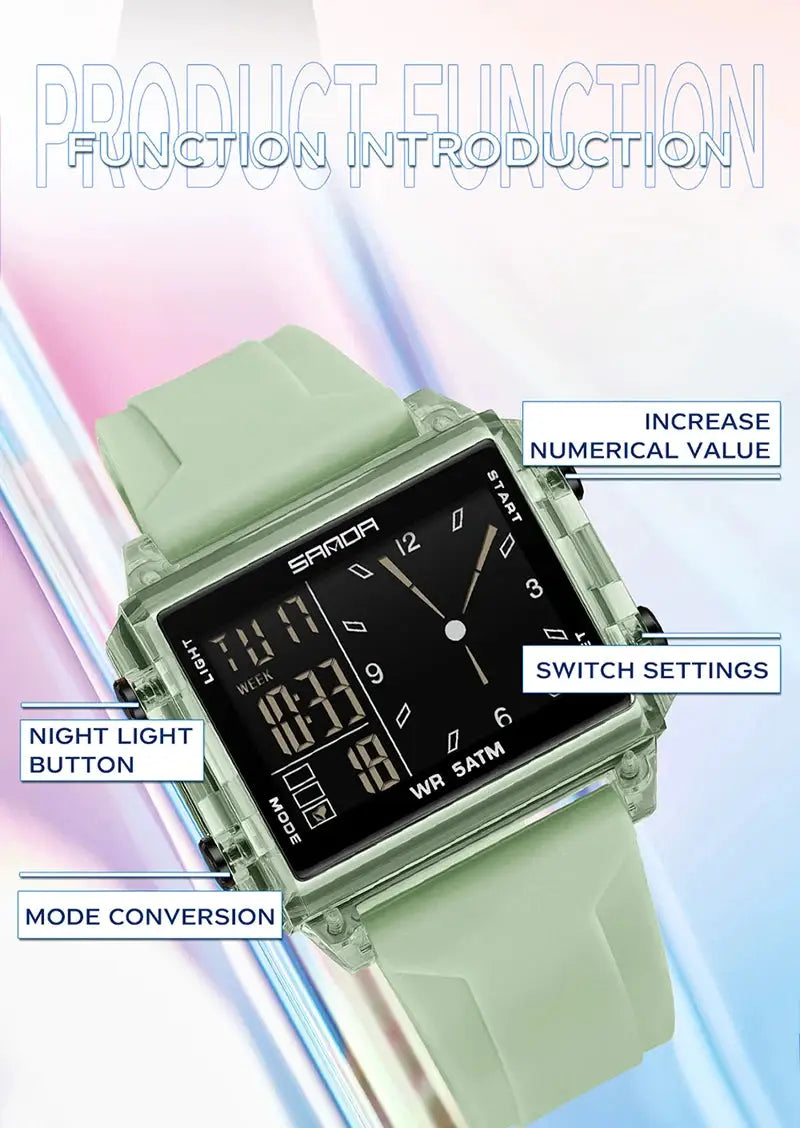 SANDA 6273 square dual-time wristwatch with mint-green strap; digital-analog, water resistant