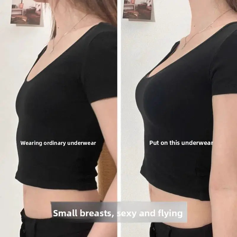 Simples Market wireless push-up T-shirt bra for small chests, black seamless design; side-by-side model comparison.