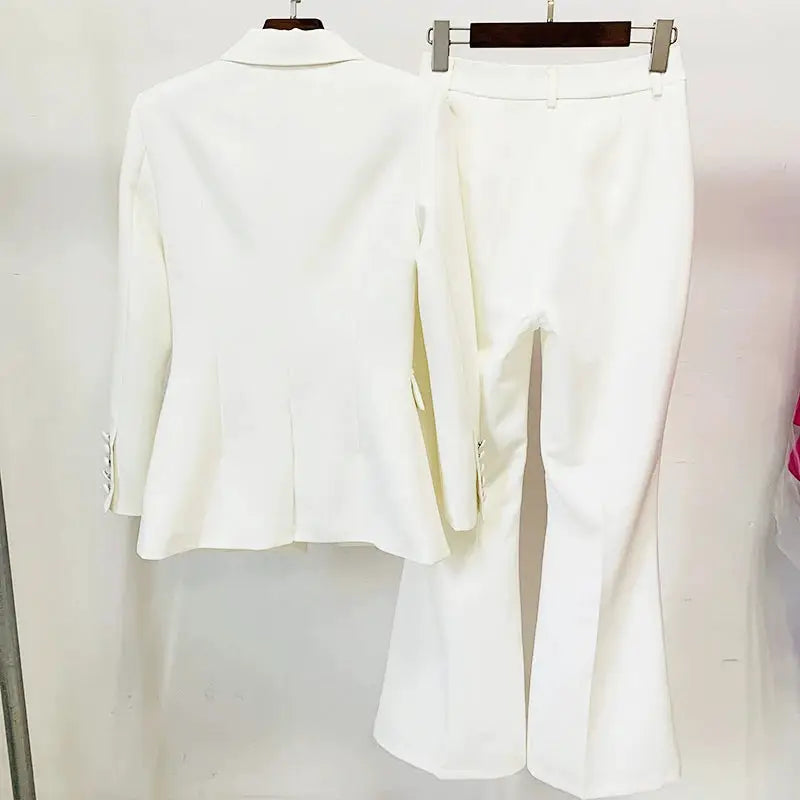 White two-piece women's blazer and flare pants suit, 2-piece set