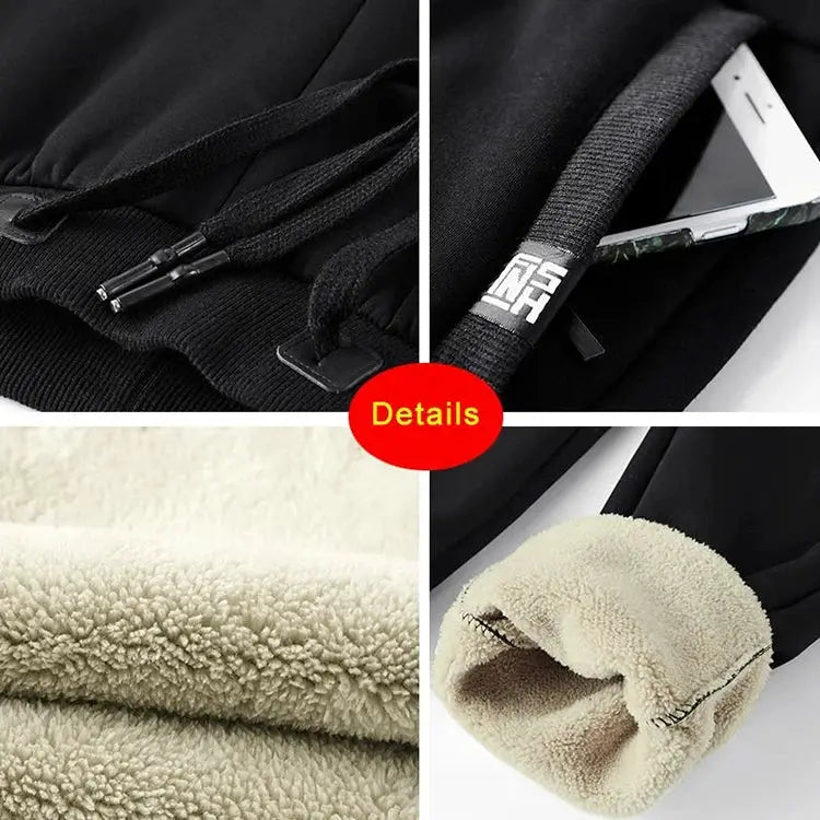Winter men's fleece joggers by Simples Market with zip pockets, black plush lining, plus sizes up to 8XL