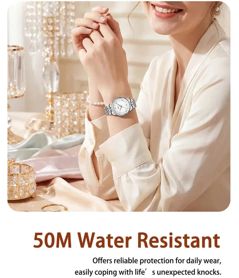 ADDIES GM12 luxury women's wristwatch with stainless steel bracelet and silver dial, 50M water resistant.