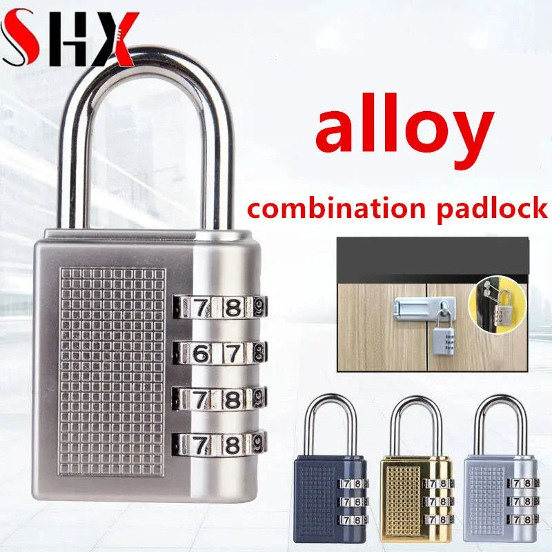 Simples Market 4-digit alloy padlock with 4-dial combo; weatherproof luggage security lock, 4 padlocks shown