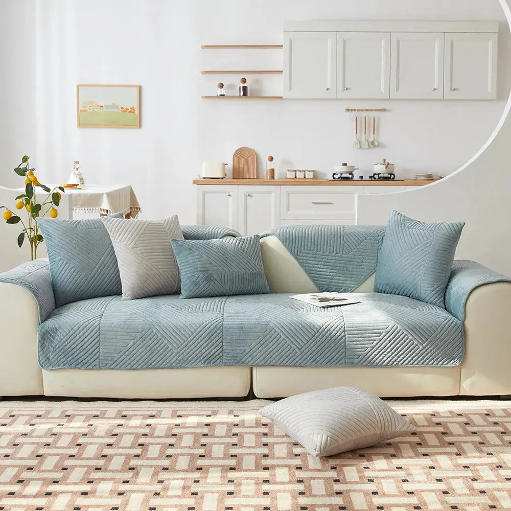 Crystal Velvet Sofa Cover in blue quilted fabric, non-slip living room slipcover