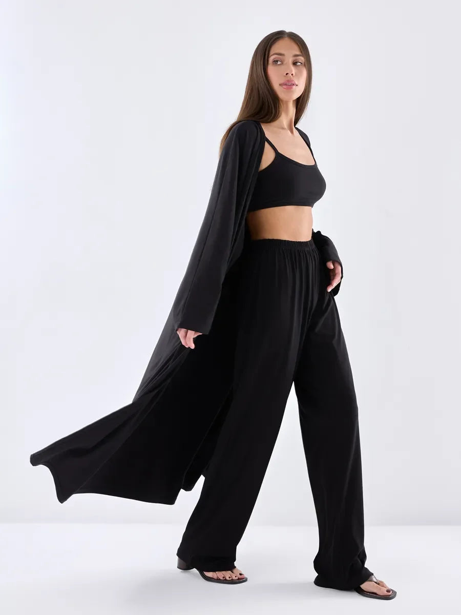 Modal Three Piece Women Set Long Sleeve Cardigan Vest High Waist Pants