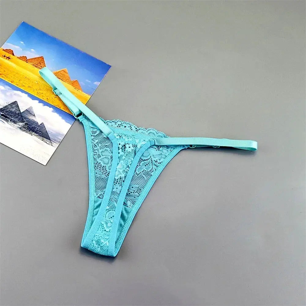 Turquoise lace thong underwear with adjustable straps, low-rise T-back panty