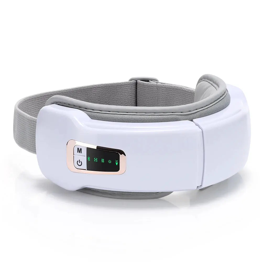 Foldable eye massager by Simples Market, white with gray strap and side control panel.