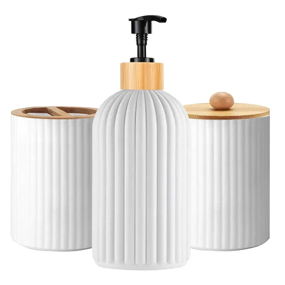 Bathroom Countertop Organizer With Hand Soap Dispenser Cotton Ball Storage And Toothbrush Holder Bamboo Accents