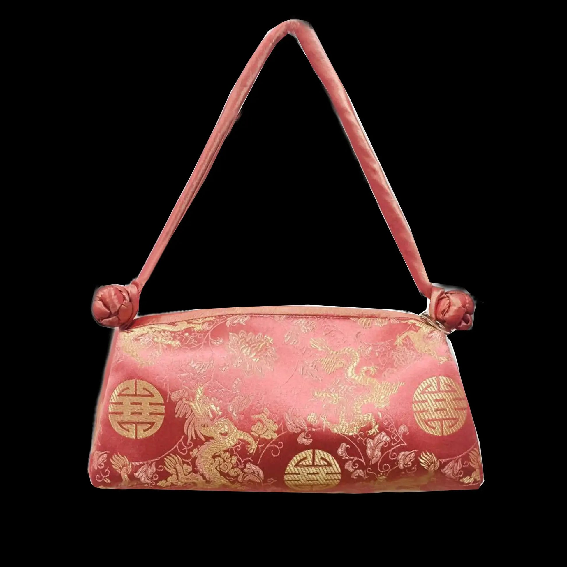 Shoulder bag Simples Market pink silk with gold-embroidered floral motif