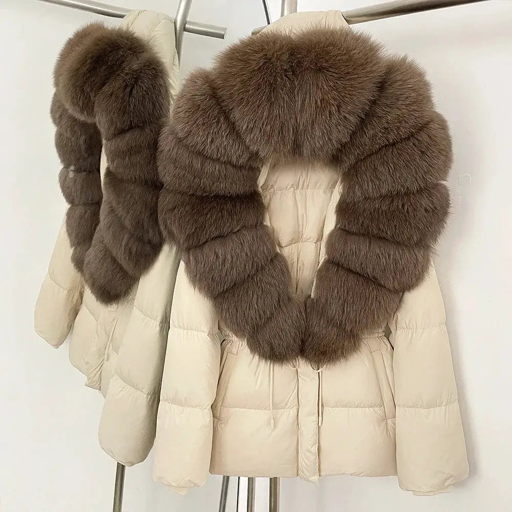 Womens Real Fox Fur Collar Duck Down Coat With Raccoon Fur Trim Hooded Puffer Jacket