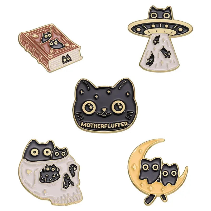 Cat Enamel Pins Set 4 To 6 Pieces Cute Black Fluid Cat Brooches Lapel Pins Jewelry Gift For Friends