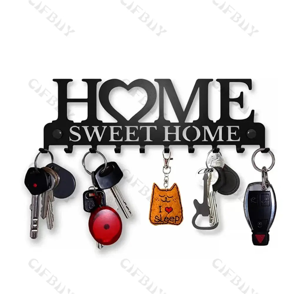 Key holder and wall-mounted coat rack, Simples Market metal iron design in black with HOME heart logo