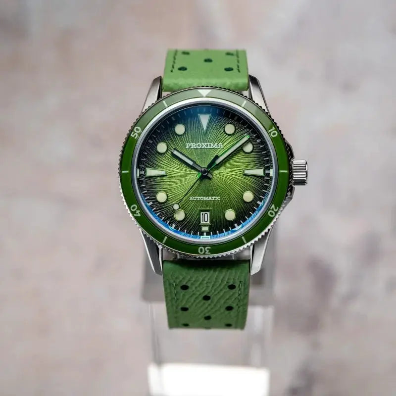 Proxima 39mm dive watch with green dial, luminous markers, green bezel and perforated green strap